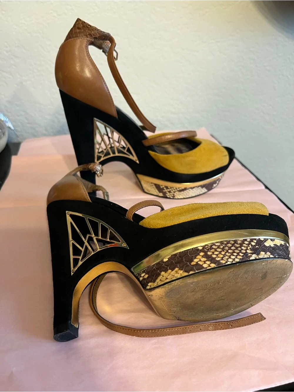 Sam Edelman Yellow Suede, Black Suede & Brown Leather Platform Heels - Picture 3 of 7